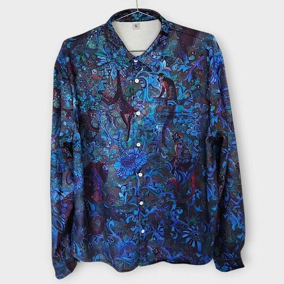 Mens Large Shirt Button Down Blue Brown Monkeys Floral Long Sleeve‎ Polyester - Picture 1 of 11